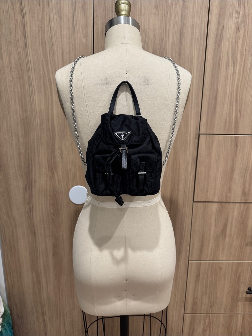 Black Nylon Mini Backpack with Silver Chain Straps